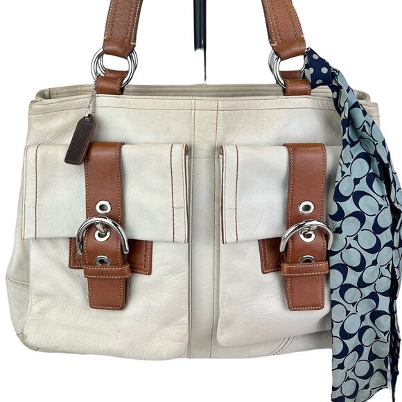 RARE Coach Soho White & Tan Leather Double Pocket Satchel Tote F08A09 - Picture 3 of 11